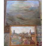 2 abstract oil paintings by T J Gustard - oil on board of roof tops 64 cm x 48.5 cm and abstract