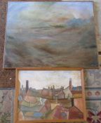 2 abstract oil paintings by T J Gustard - oil on board of roof tops 64 cm x 48.5 cm and abstract