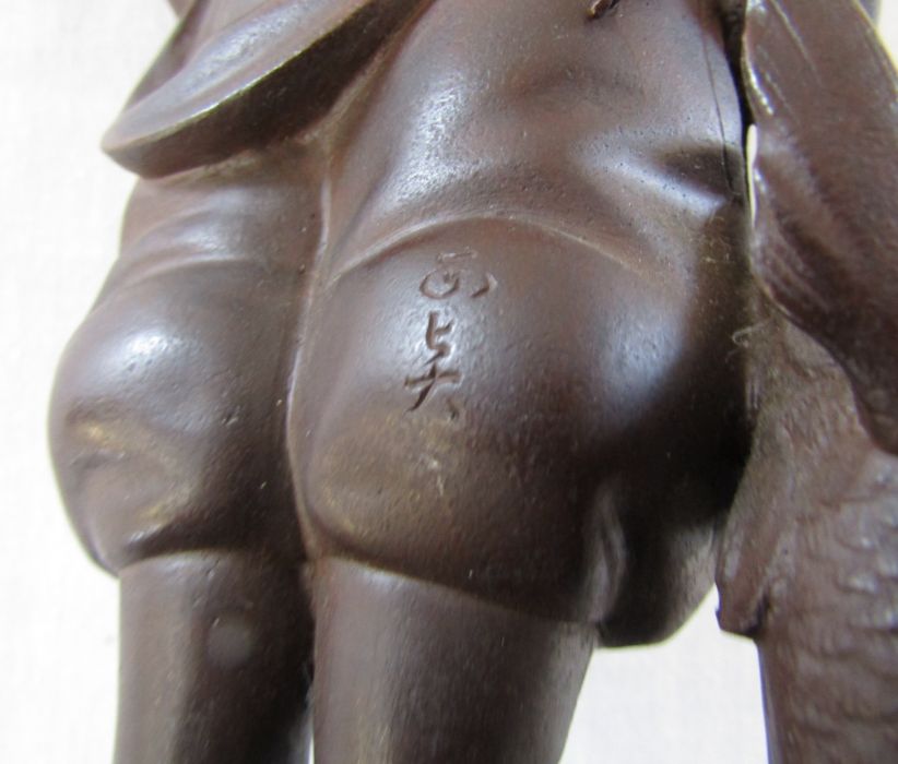 Chinese bronze figure of a man with a fish, signature back right leg H 22 cm - Image 3 of 3