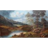 Large unframed oil on canvas by Theodore Hines depicting mountainous landscape and lake scene (
