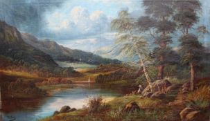 Large unframed oil on canvas by Theodore Hines depicting mountainous landscape and lake scene (