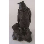 Chinese bronze figure of a man with a fish, signature back right leg H 22 cm