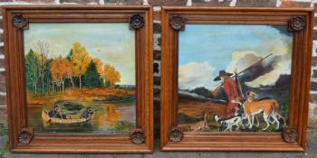 Pair of large oil paintings on board of hunting scenes in solid oak frames 83cm by 84cm