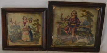 2 early 19th century framed needlepoint pictures of a man & a woman (one with broken glass). Largest