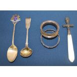 2 silver napkin rings, silver salt spoon, mother of pearl & silver mounted letter opener (some