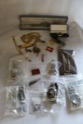 Selection of wristwatch parts including case marked Rolex, costume jewellery etc.