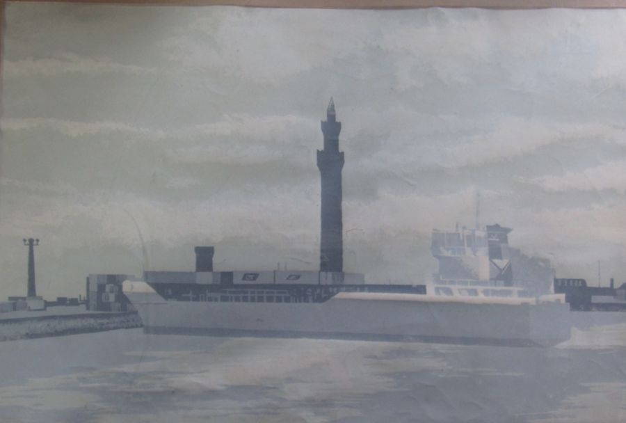Lincolnshire interest - large block print painting of a boat with Grimsby dock tower in the