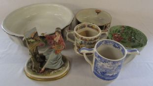 Various ceramics inc Taunton cider commemorative loving cups & Capodimonte figure of a woman