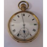 Gold plated swiss made open faced pocket watch, Moon Dennison case, 21 jewels no 14689 c.1910 D 5 cm