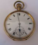 Gold plated swiss made open faced pocket watch, Moon Dennison case, 21 jewels no 14689 c.1910 D 5 cm