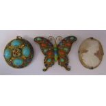 Chinese gilt silver cloisonné butterfly brooch 5 cm x 6 cm, gilt silver circular cloisonné pendant D