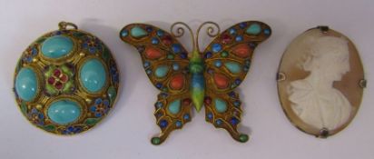 Chinese gilt silver cloisonné butterfly brooch 5 cm x 6 cm, gilt silver circular cloisonné pendant D