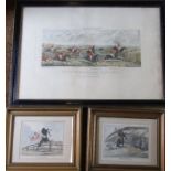 3 equestrian / hunting prints / hand coloured engravings - 'Doing it furiously' and 'The down leap