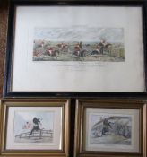 3 equestrian / hunting prints / hand coloured engravings - 'Doing it furiously' and 'The down leap