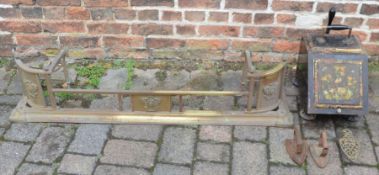 Brass fender L 137cm Victorian metal coal scuttle, 2 flat irons & a stand