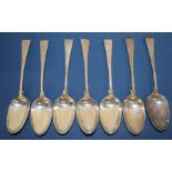 7 old English pattern silver dessert spoons engraved with a crest, London 18th century , maker