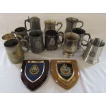 10 mixed tankards, some with inscriptions inc Shanghai Volunteer corps & 2 plaques relating to the
