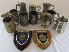 10 mixed tankards, some with inscriptions inc Shanghai Volunteer corps & 2 plaques relating to the