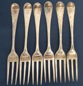 6 George III Hanovarian table forks with later engraved squirrel crests, London 1782, 11.97ozt