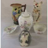 Royal Doulton 'Camilla' pattern lidded jar H 24 cm and dishes, Babacombe Pottery, Burleigh ware 'The