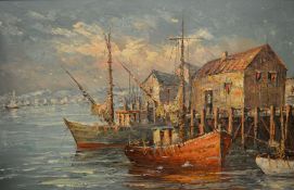 Large oil on canvas of a harbour scene signed L Kuhn 102 cm x 71 cm (size including frame)