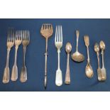 3 silver forks London 1820 (4.10 ozt) & selection of plated cutlery including mustard spoon,