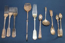 3 silver forks London 1820 (4.10 ozt) & selection of plated cutlery including mustard spoon,