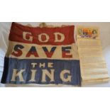 Vintage God Save The King flag mounted onto paper and an open letter/declaration to King George VI