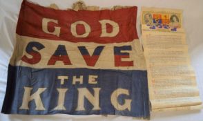 Vintage God Save The King flag mounted onto paper and an open letter/declaration to King George VI
