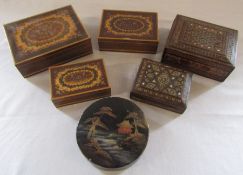 Various wooden boxes inc Japanese lacquered box and 3 Sorrento style boxes (largest 17 cm x 13 cm