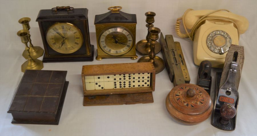 Vintage dominoes, spirit levels, telephone, clocks etc