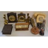 Vintage dominoes, spirit levels, telephone, clocks etc