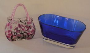 Large blue glass vase & a handbag vase