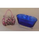 Large blue glass vase & a handbag vase