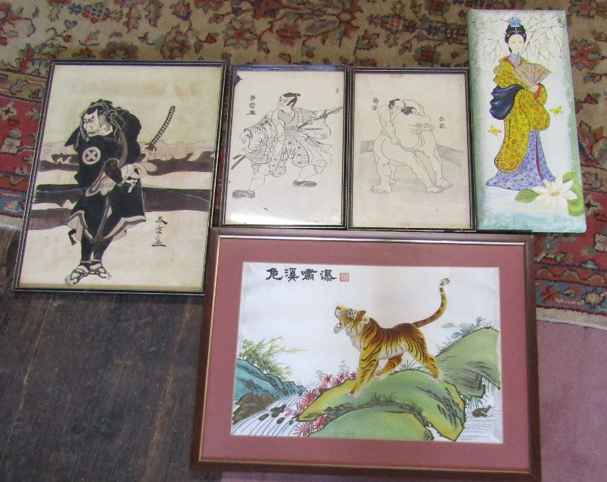 Watercolour of a parrot signed C Hunter, 3 pen & ink drawings of Samurai warriors etc. - Image 2 of 2