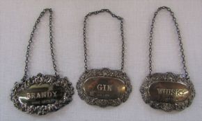 3 silver decanter labels - Brandy Birmingham 1980, Gin Birmingham 1979 and Whisky Birmingham 1980