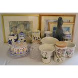 3 framed William Russell Flint prints, Continental tin glaze pottery,  Portmeirion china etc