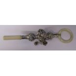 Ornate silver baby rattle with mother of pearl teething ring, missing one bell, Birmingham anchor