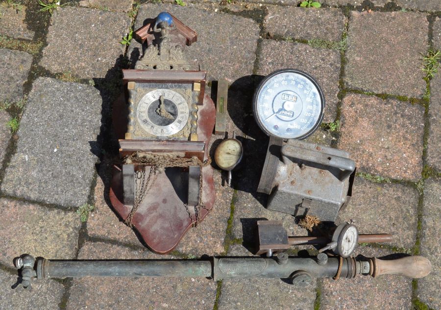 Vintage brass garden syringe spray , Smiths speedometer (possibly for a Jaguar), Dutch barge