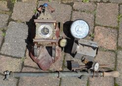 Vintage brass garden syringe spray , Smiths speedometer (possibly for a Jaguar), Dutch barge