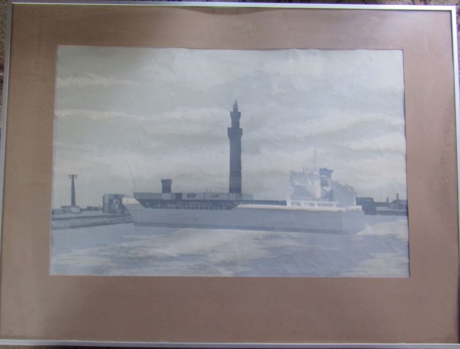 Lincolnshire interest - large block print painting of a boat with Grimsby dock tower in the - Image 2 of 2