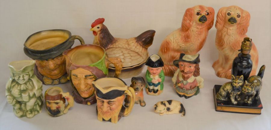 Character jugs including 2 Royal Doulton, pair of Staffordshire dogs etc