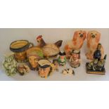 Character jugs including 2 Royal Doulton, pair of Staffordshire dogs etc