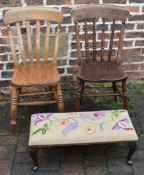 2 early 20th century kitchen chairs & a tapestry top foot stool