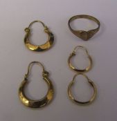 2 pairs of 9ct gold hoop earrings and a 9ct gold ring size D/E total weight 2.17 g
