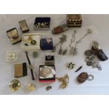 Selection of costume jewellery, small hip flask, Lincoln Imp pendants etc.