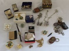 Selection of costume jewellery, small hip flask, Lincoln Imp pendants etc.