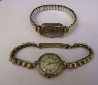 2 9ct gold ladies vintage watches with rolled gold straps (af)