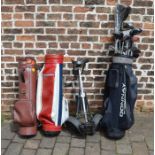 Various golf club, bags and a trolley