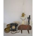 Paraffin lamp, vintage Bakelite telephone, railway shelf, carved wooden African tribal figure,